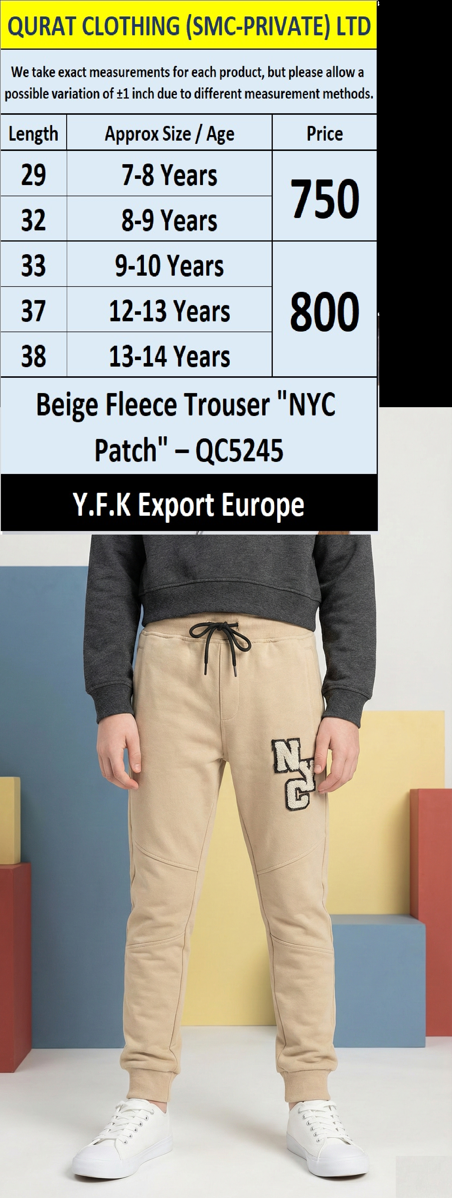 Beige Fleece Trouser “NYC Patch” – QC5245 | Y.F.K Export Europe