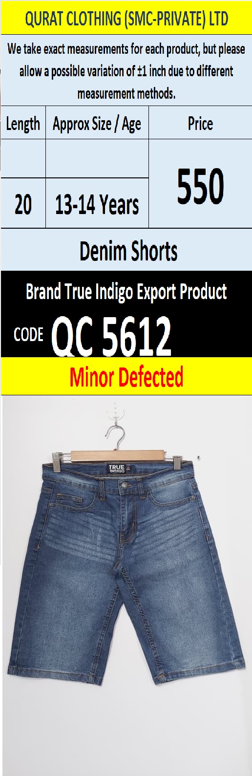 True Indigo Brand Denim Shorts Export  NY - USA (Minor Defected) - QC5612