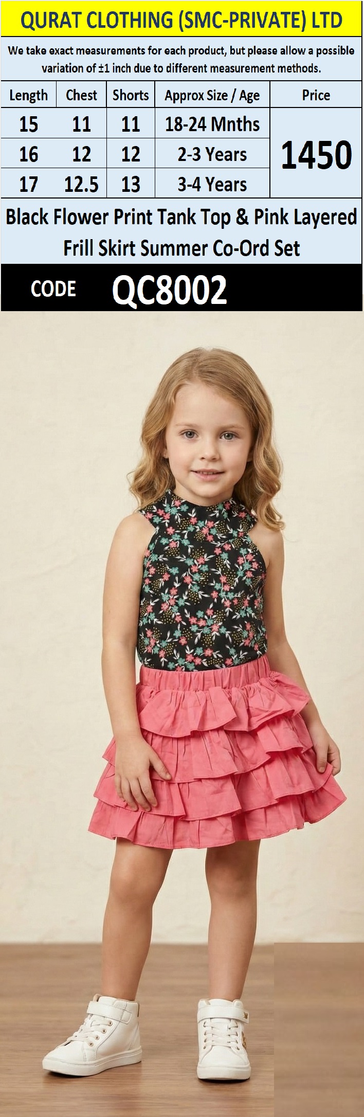 Black Flower Print Tank Top & Pink Layered Frill Skirt Summer Co-Ord Set – QC8002 - QC8002