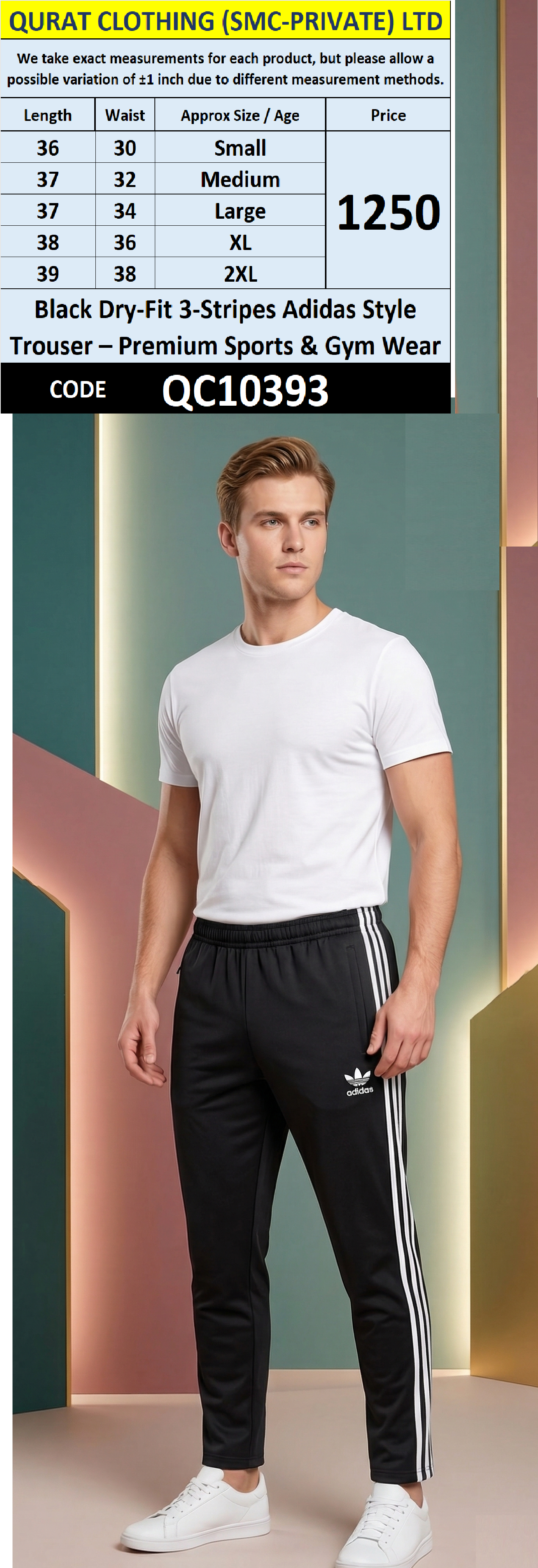 Black Dry-Fit 3-Stripes Adidas Style Trouser – Premium Sports & Gym Wear QC10393