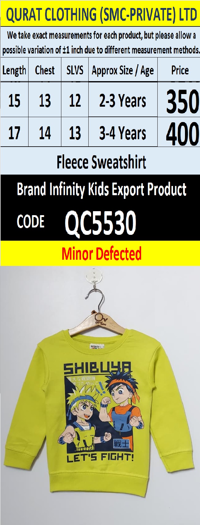 Infinity Kids Brand Fleece Sweatshirt Export Europe or USA (Minor Defected Product) - QC5530