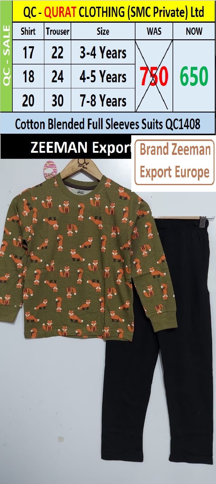 Brand Zeeman Fox Print Cotton Blended Suit QC1408 Export Europe 
