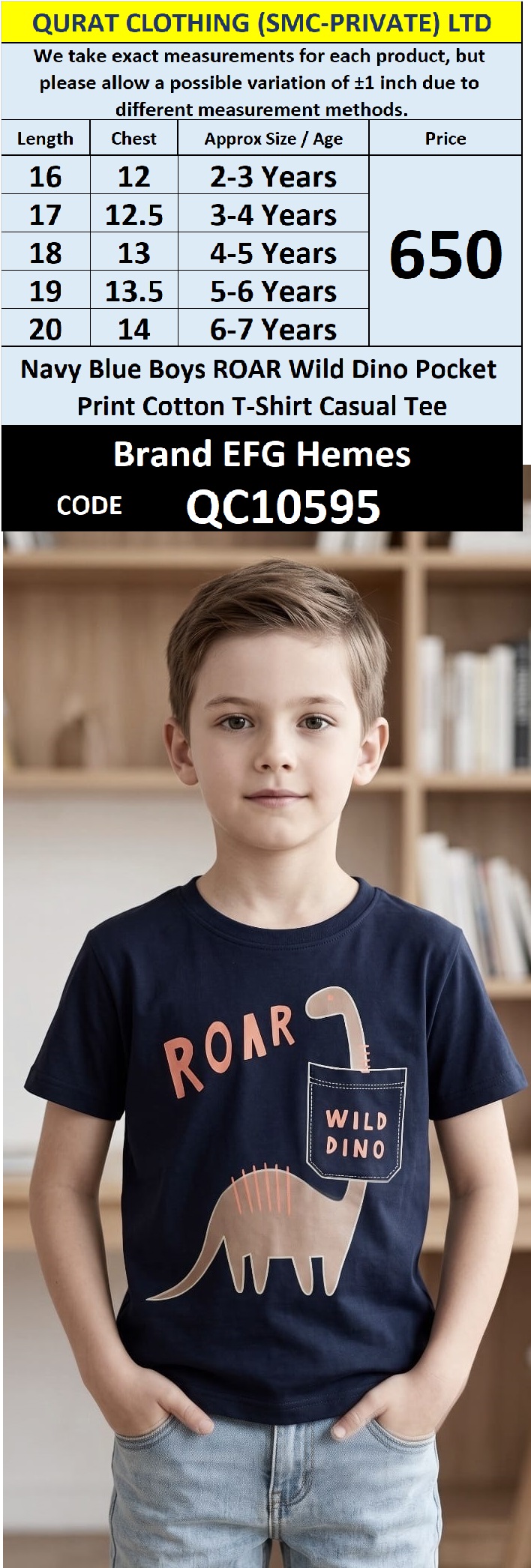 Navy Blue Boys ROAR Wild Dino Pocket Print Cotton T-Shirt Casual Tee – QC10595