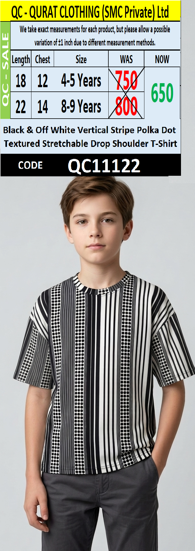 Black & Off White Vertical Stripe Polka Dot Textured Stretchable Drop Shoulder T-Shirt QC11122