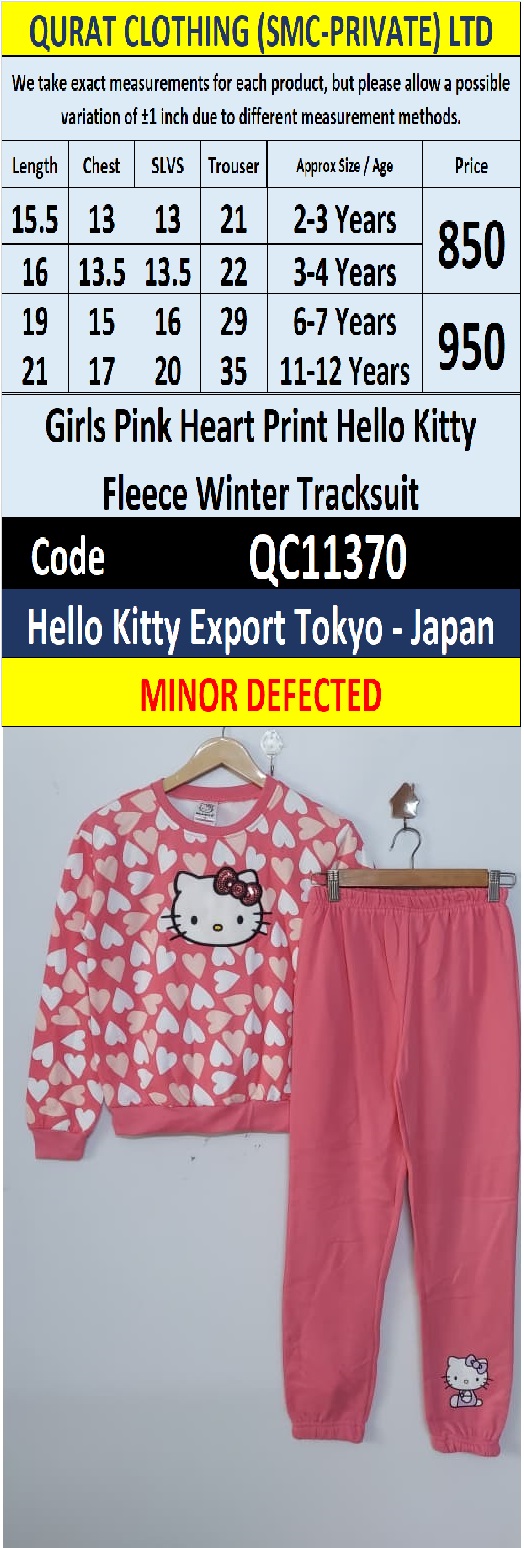 Girls Pink Heart Print Hello Kitty Fleece Winter Tracksuit – Export Tokyo Japan – QC11370 – Minor Defected