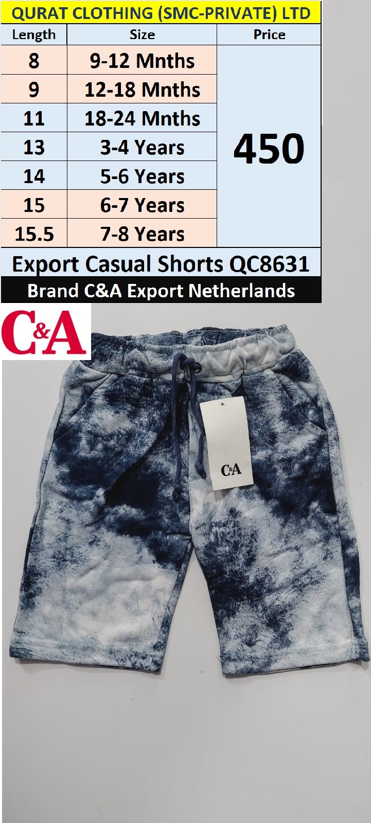 C&A Branded Tie & Dye Shorts QC8631 Export Netherlands