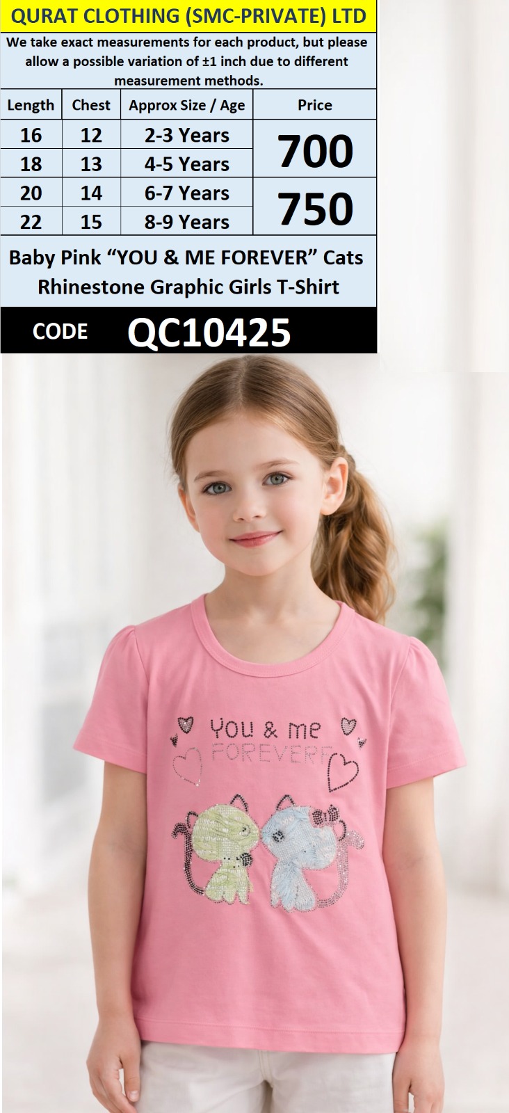 Baby Pink “YOU & ME FOREVER” Cats Rhinestone Graphic Girls T-Shirt – QC10425