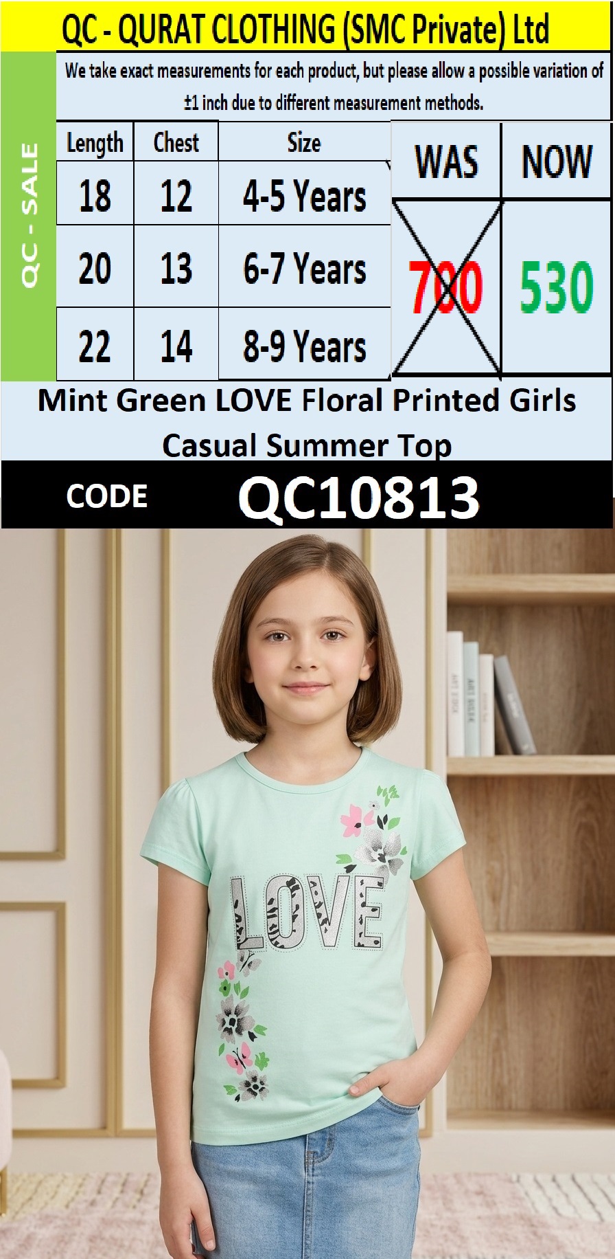 Mint Green LOVE Floral Printed Girls Casual Summer Top QC10813