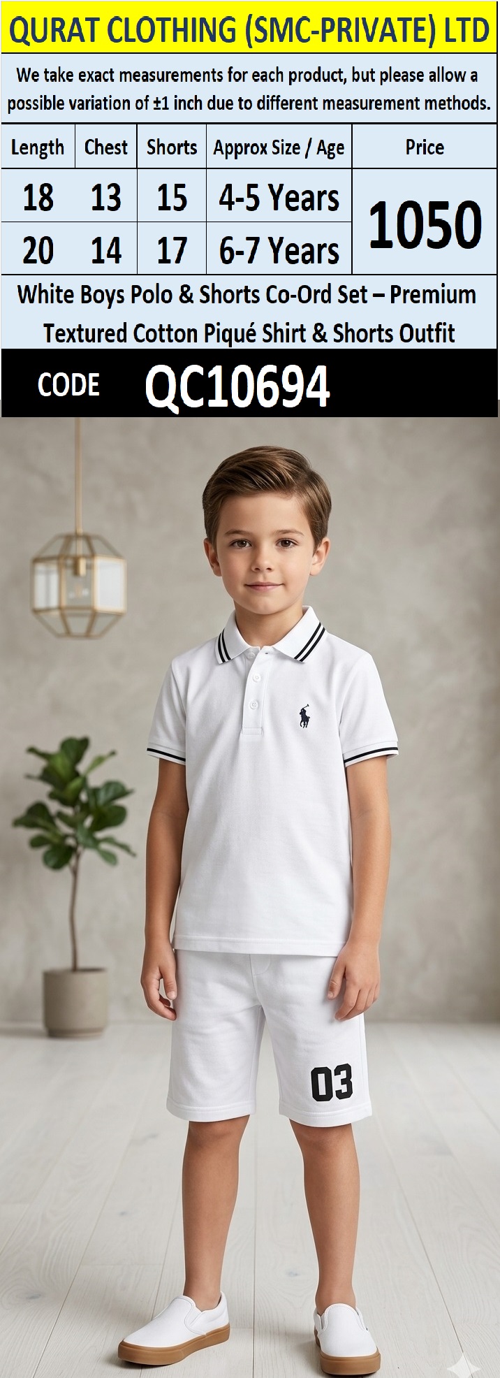 White Boys Polo & Shorts Co-Ord Set – Premium Textured Cotton Piqué Shirt & Shorts Outfit QC10694