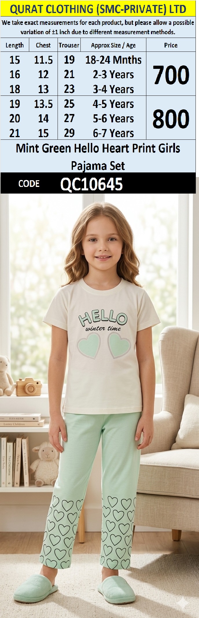 Mint Green Hello Heart Print Girls Pajama Set QC10645