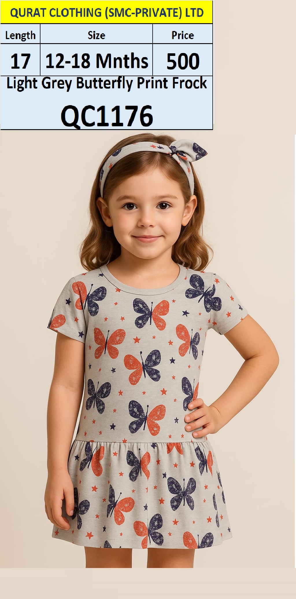 Light Grey Butterfly Print Frock QC1176