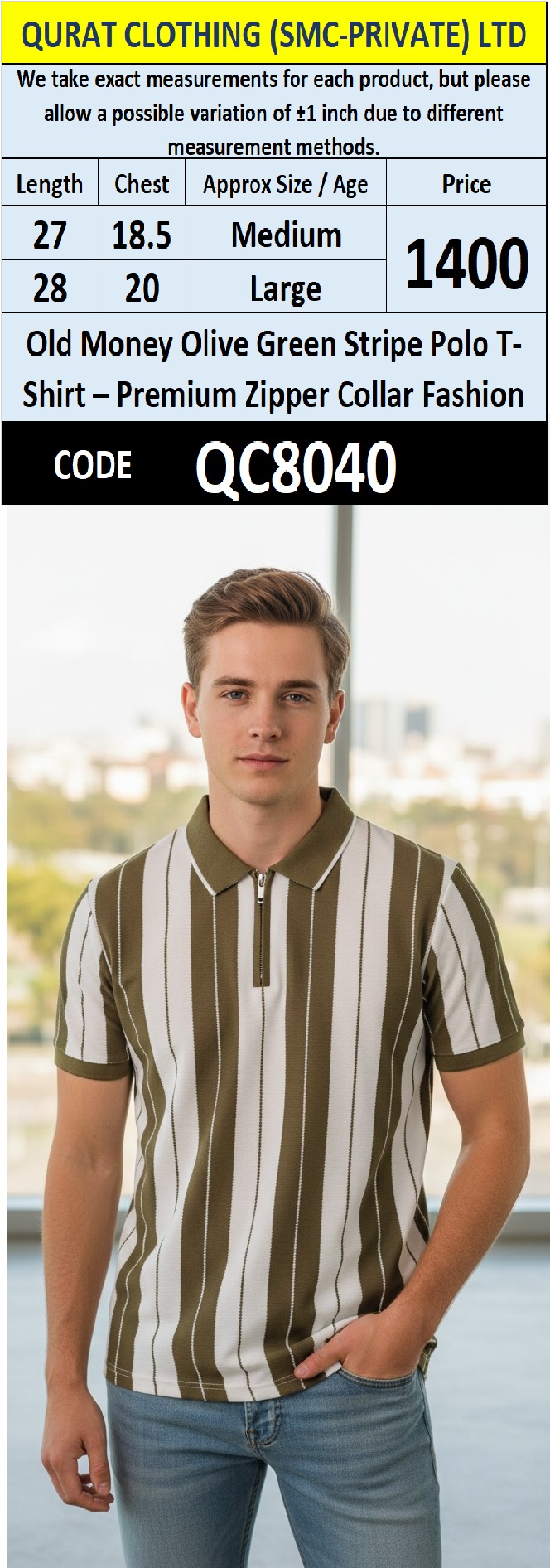 Old Money Olive Green Stripe Polo T-Shirt – Premium Zipper Collar Fashion QC8040 - QC8040