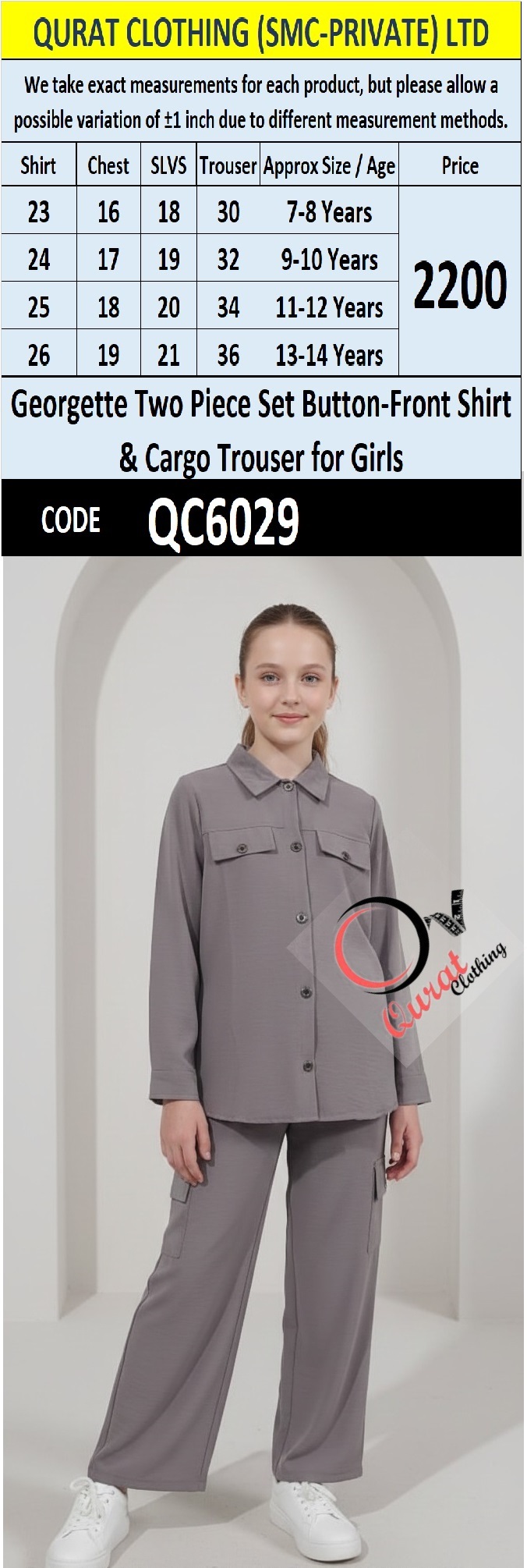 Georgette Two Piece Set Button-Front Shirt & Cargo Trouser for Girls – QC6029 - QC6029