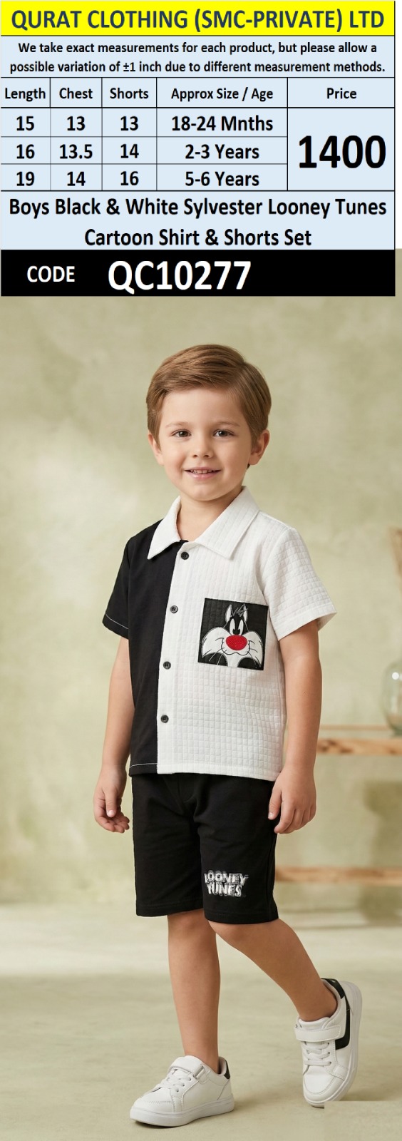 Boys Black & White Sylvester Looney Tunes Cartoon Shirt & Shorts Set – QC10277 - QC10277
