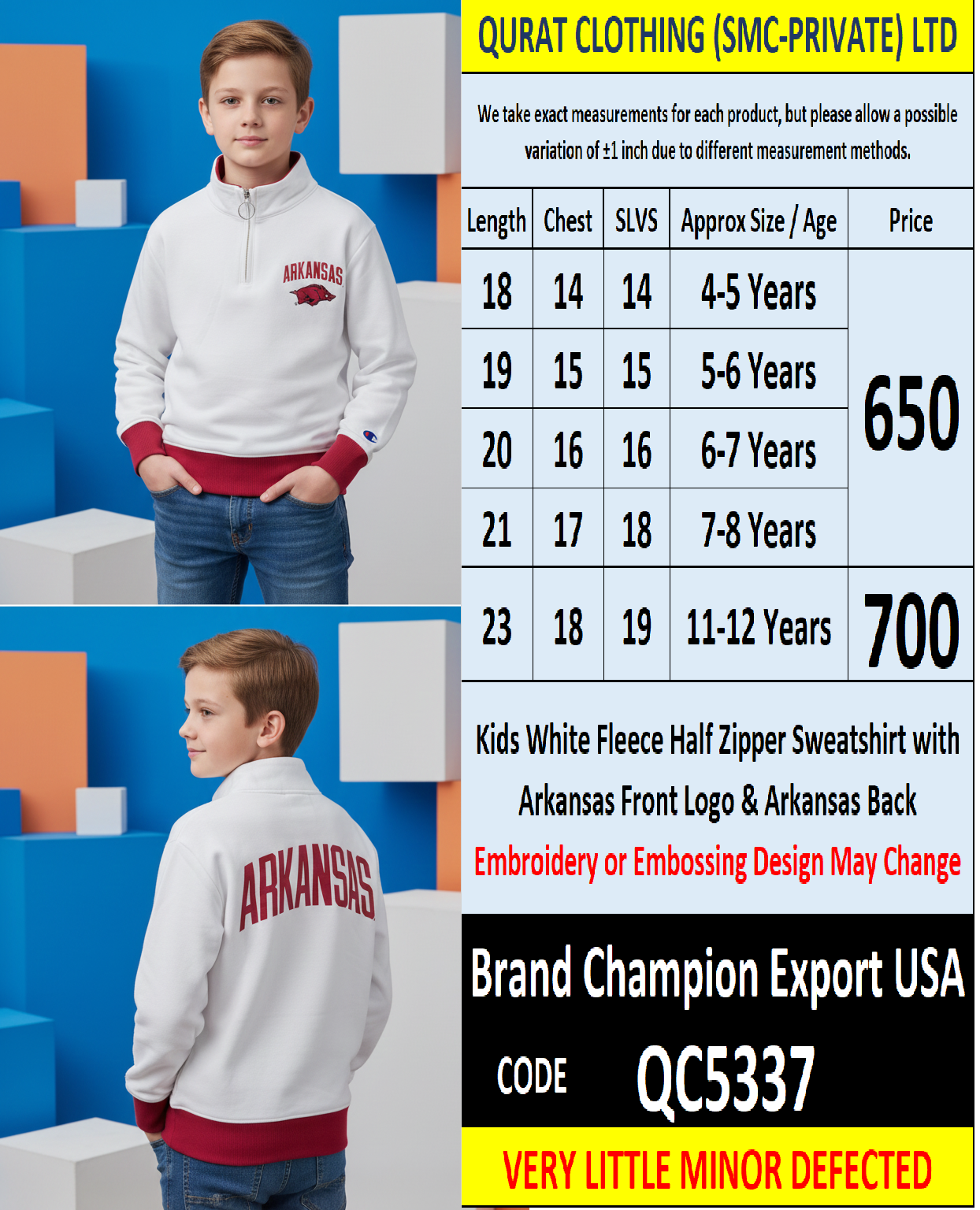 Champion Kids White Fleece Half Zipper Sweatshirt Arkansas Front Logo Arkansas Back Embroidery Export USA QC5337