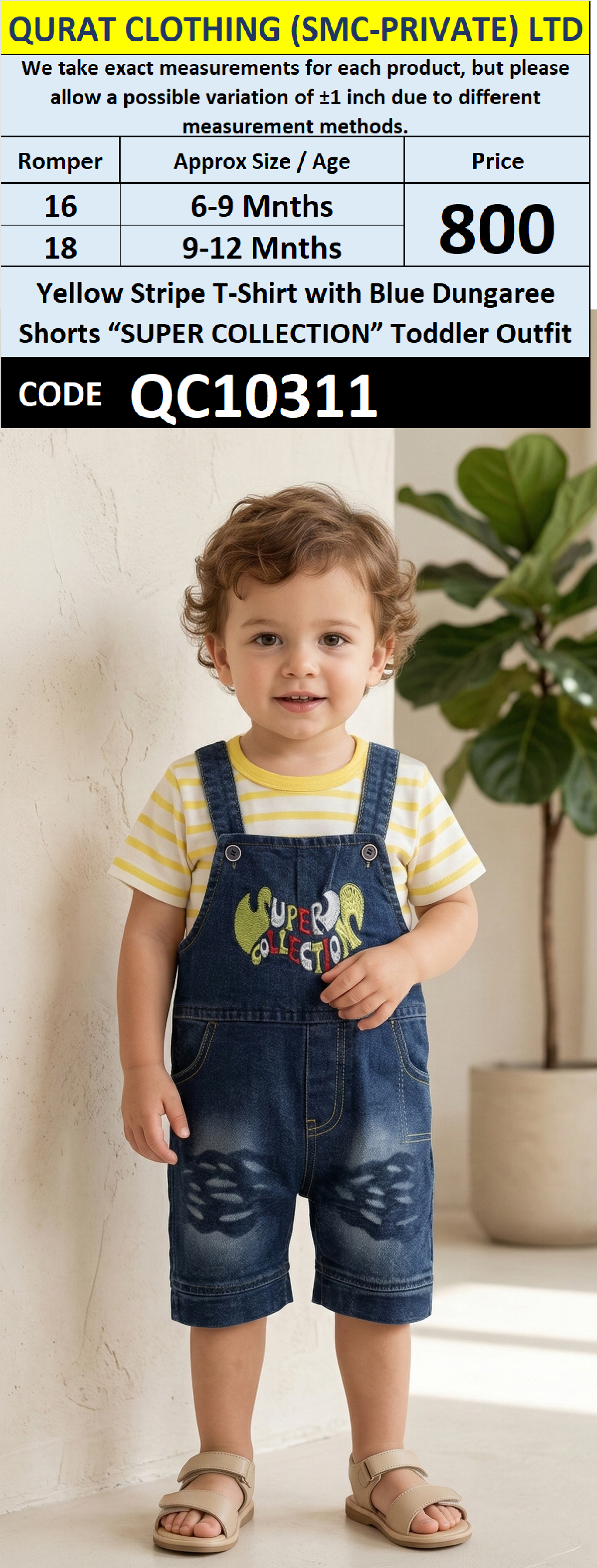 Yellow Stripe T-Shirt with Blue Dungaree Shorts “SUPER COLLECTION” Toddler Outfit – QC10311