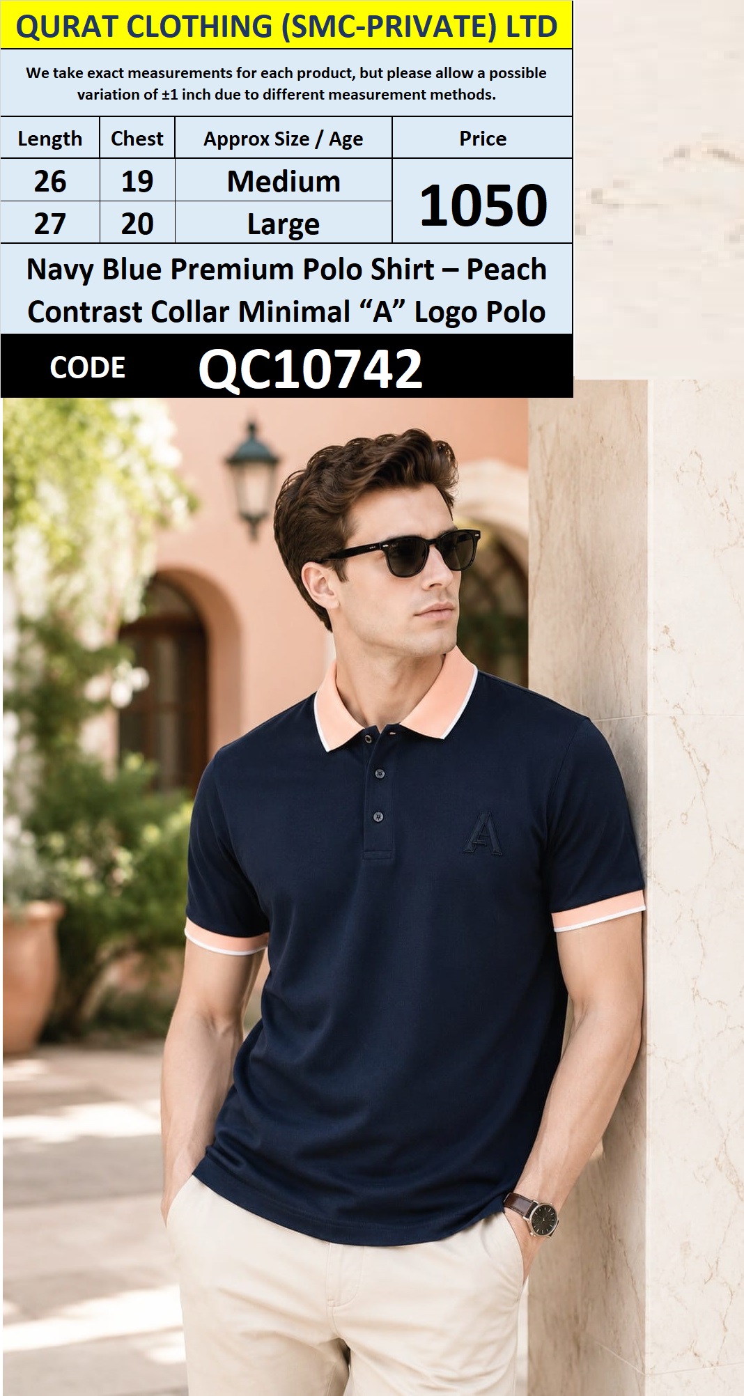 Navy Blue Premium Polo Shirt – Peach Contrast Collar Minimal “A” Logo Polo – QC10742