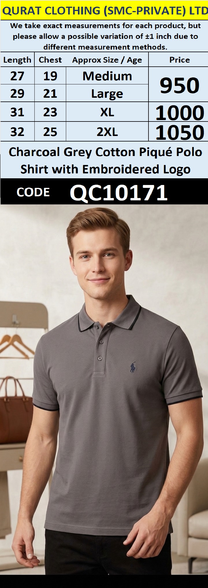 Charcoal Grey Cotton Piqué Polo Shirt with Embroidered Logo – QC10171