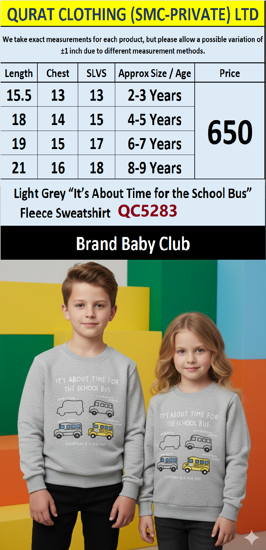 Baby Club Light Grey “It’s About Time for the School Bus” Fleece Sweatshirt QC5283