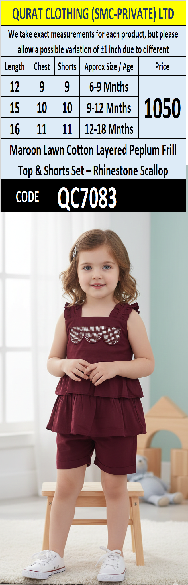 Maroon Lawn Cotton Layered Peplum Frill Top & Shorts Set with Rhinestone Scallop 2 Piece Outfit QC7083