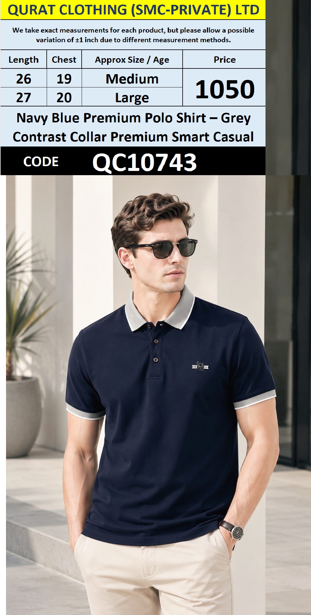 Navy Blue Premium Polo Shirt – Grey Contrast Collar Premium Smart Casual – QC10743