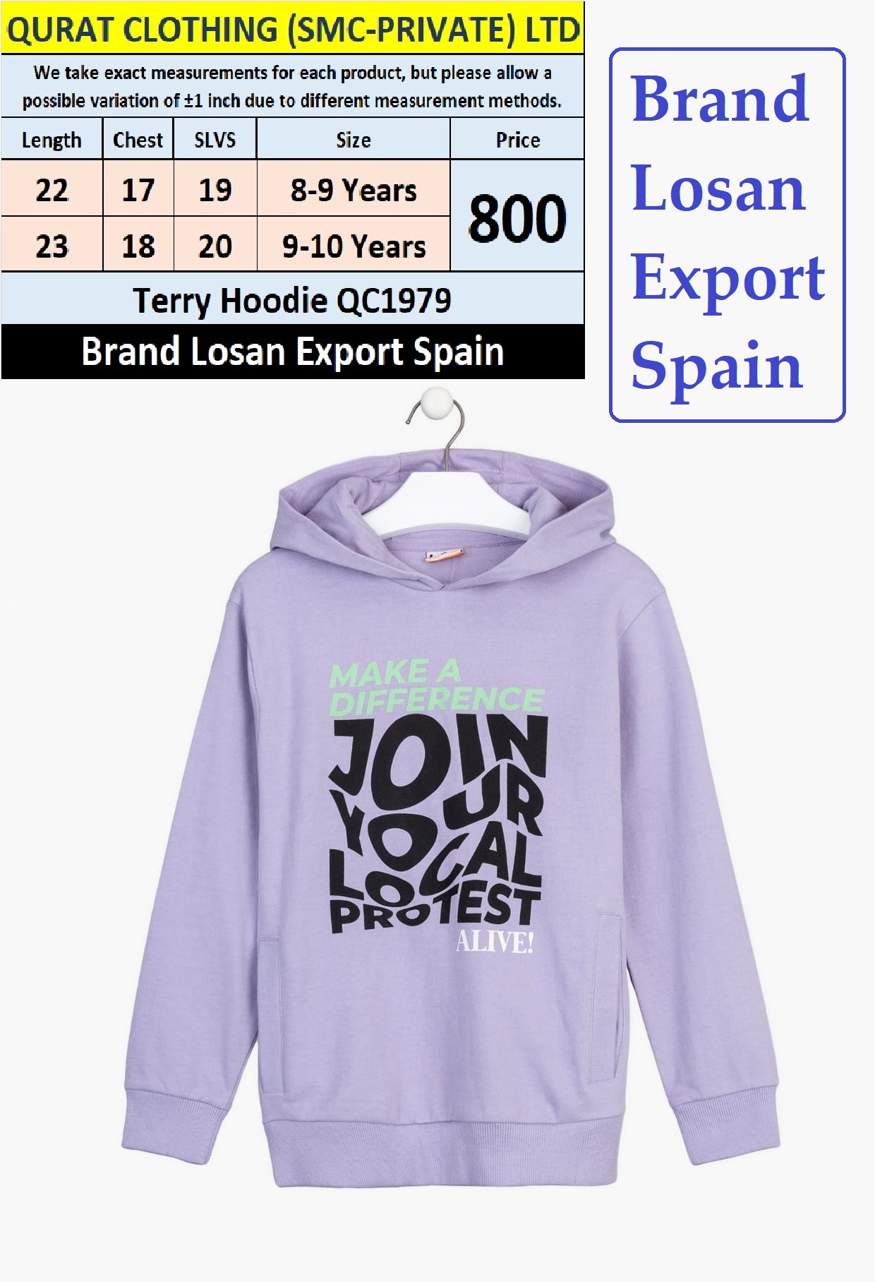 Losan Brand Terry Hoodie QC1979 Export Spain