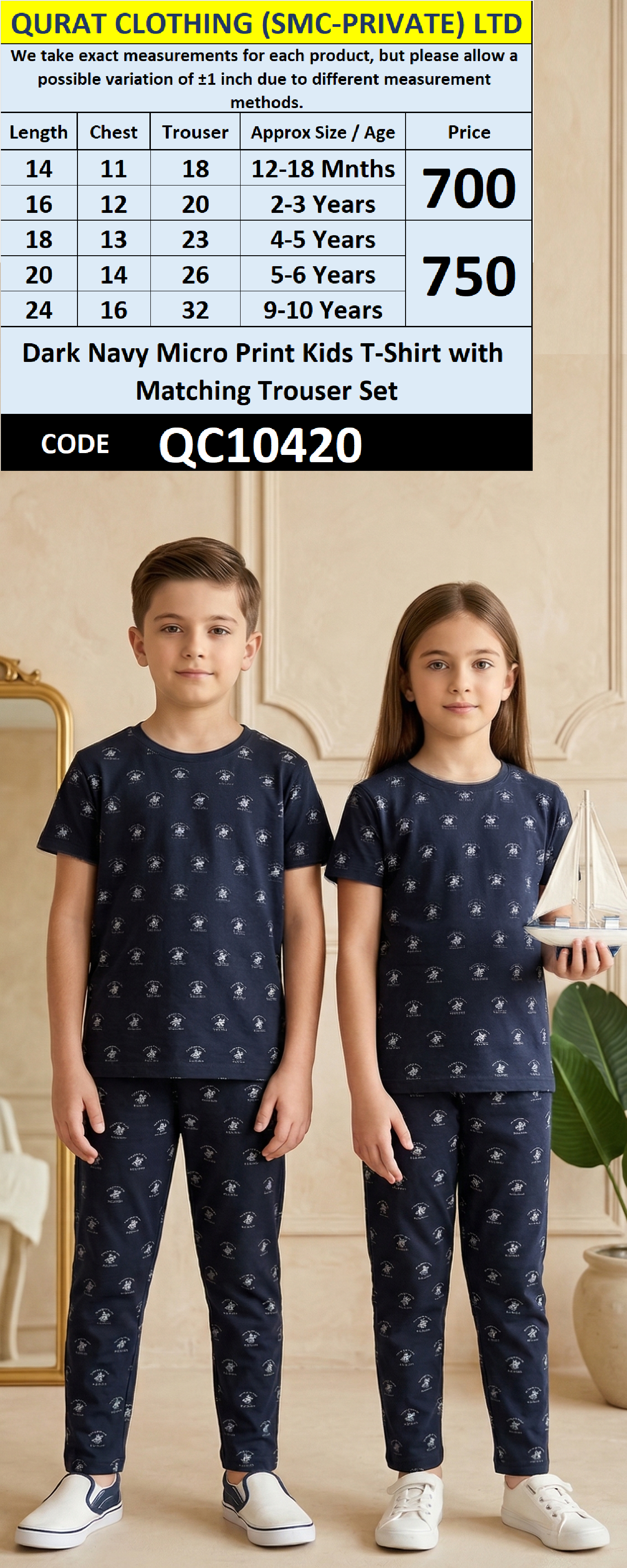 Dark Navy Micro Print Kids T-Shirt with Matching Trouser Set QC10420