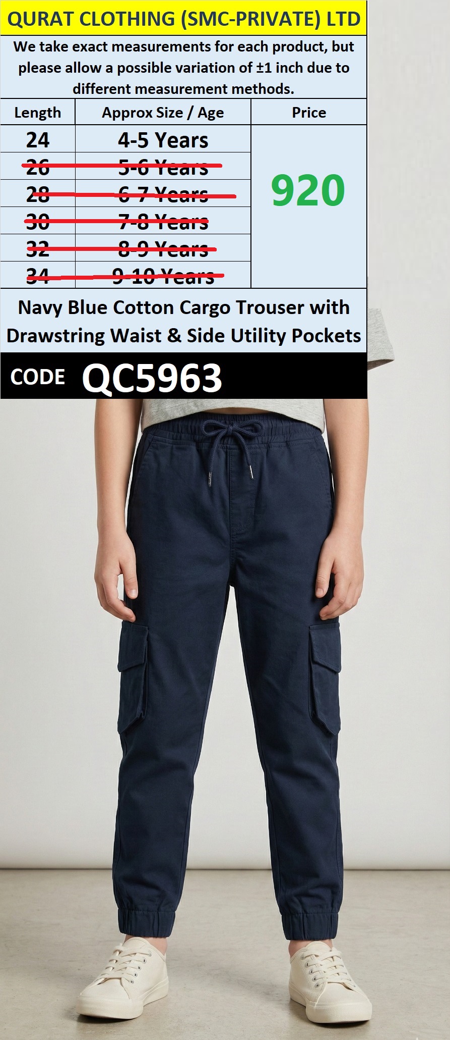 Navy Blue Cotton Cargo Trouser with Drawstring Waist & Side Utility Pockets – QC5963