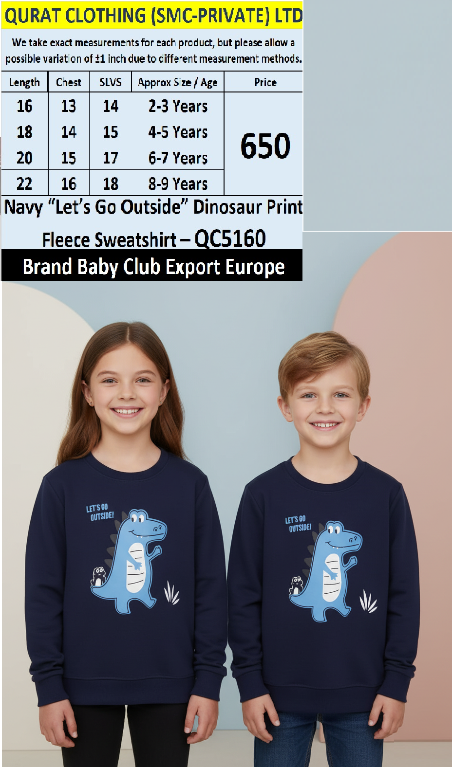 Baby Club Navy “Let’s Go Outside” Dinosaur Print Fleece Sweatshirt – QC5160