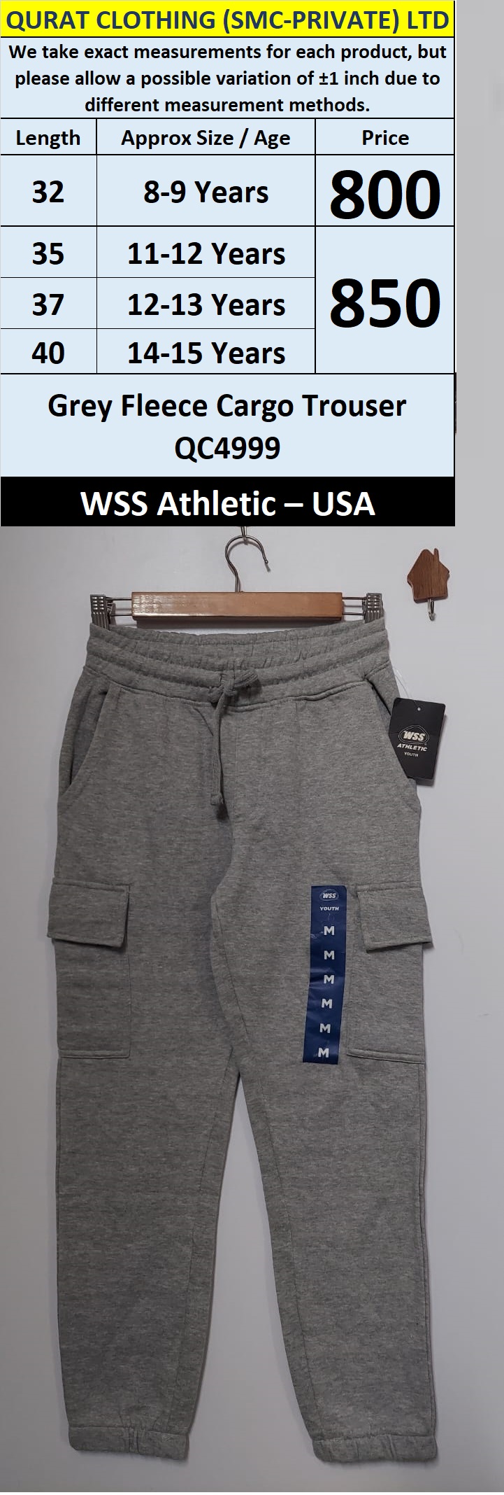 WSS Athletic Brand Grey Fleece Cargo Trouser QC4999 – Export USA