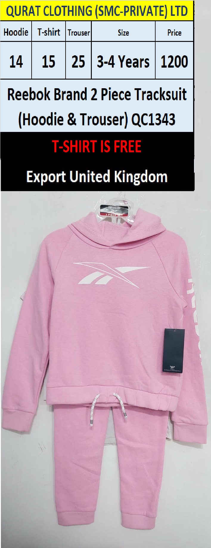 REEBOK Brand 2 Piece Tracksuit (Hoodie & Trouser) QC1343 Export United Kingdom