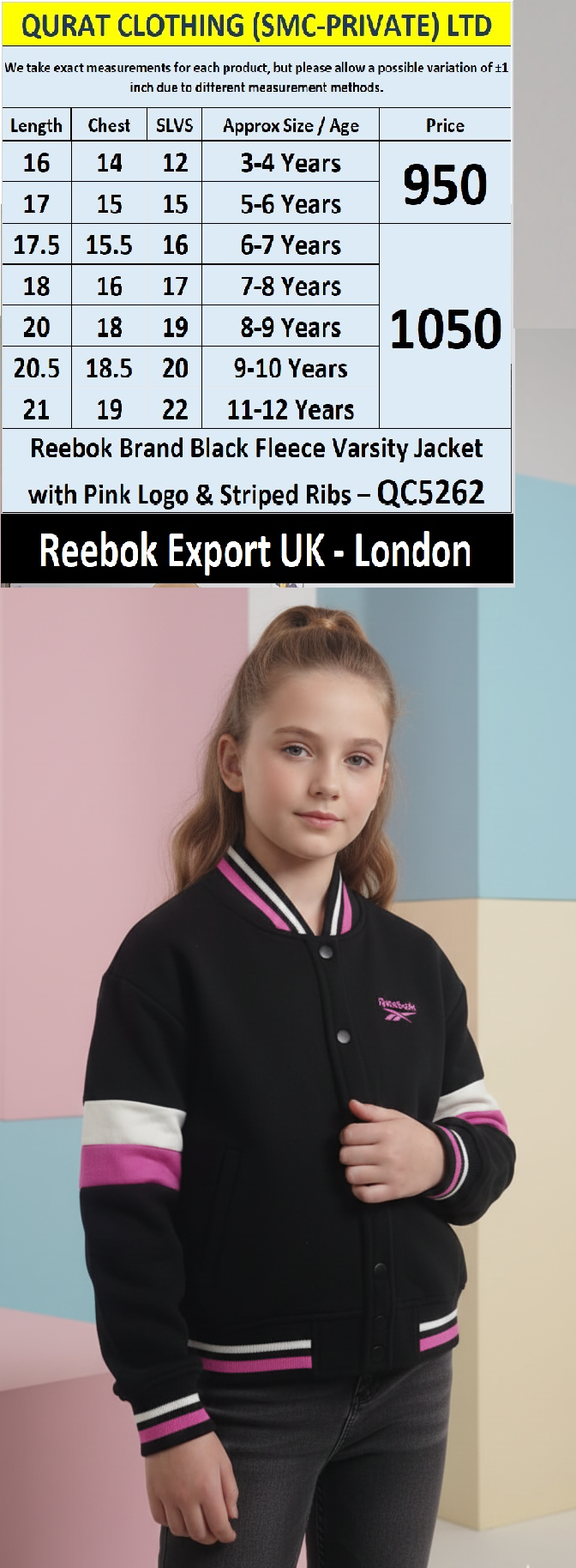 Reebok Brand Black Fleece Varsity Jacket with Pink Logo & Striped Ribs – QC5262 – Export UK London