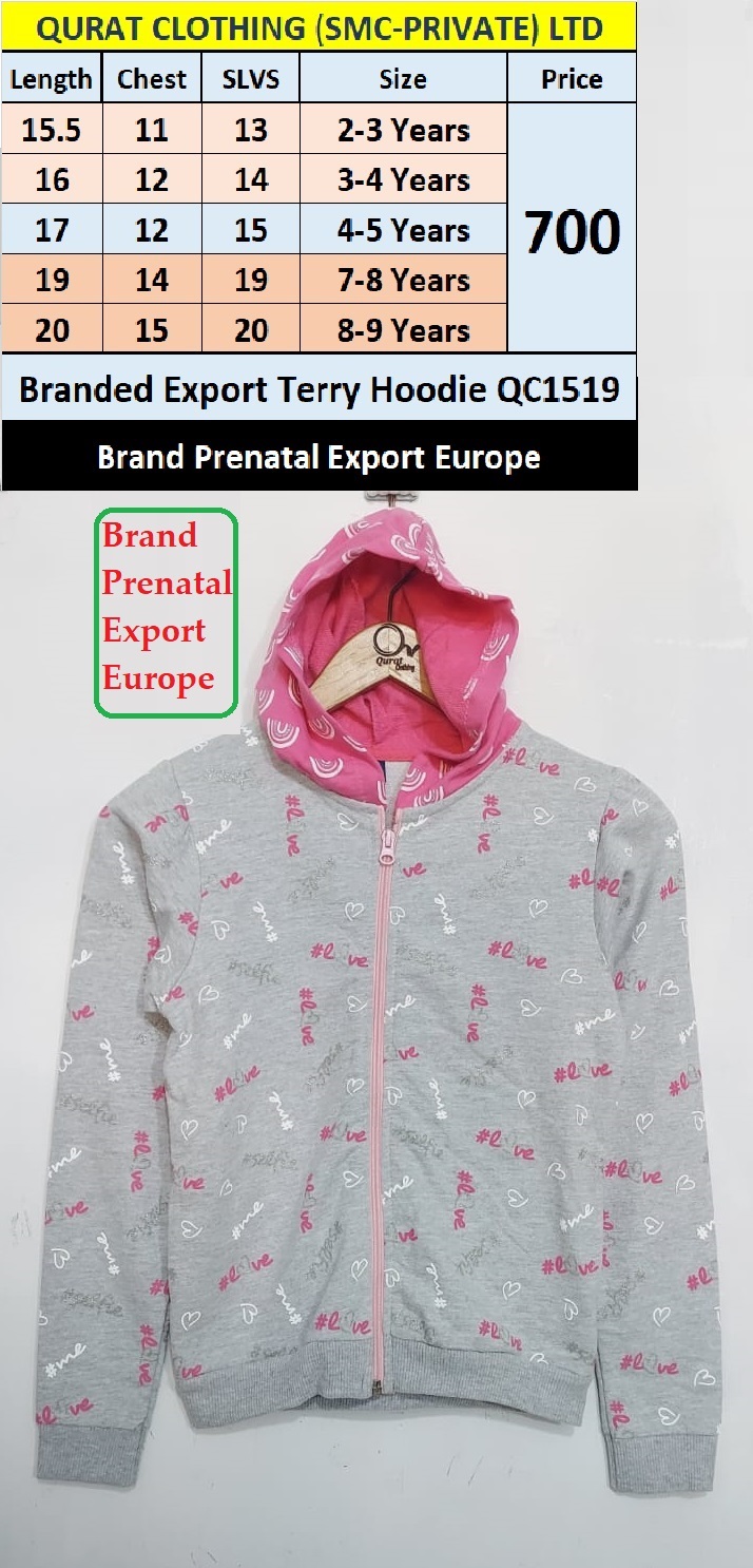 Prenatal Brand Grey Love Me Terry Hoodie QC1519 Export Europe