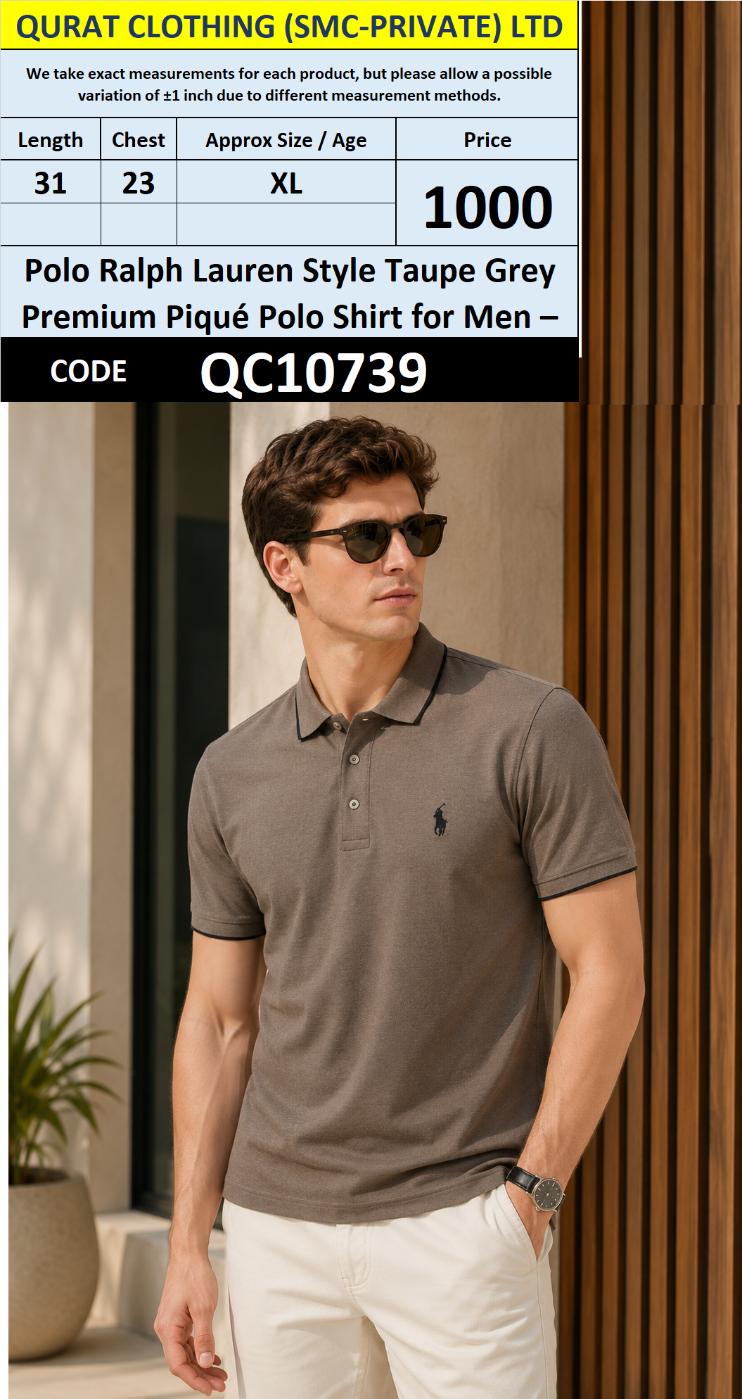 Polo Ralph Lauren Style Taupe Grey Premium Piqué Polo Shirt for Men – QC10739