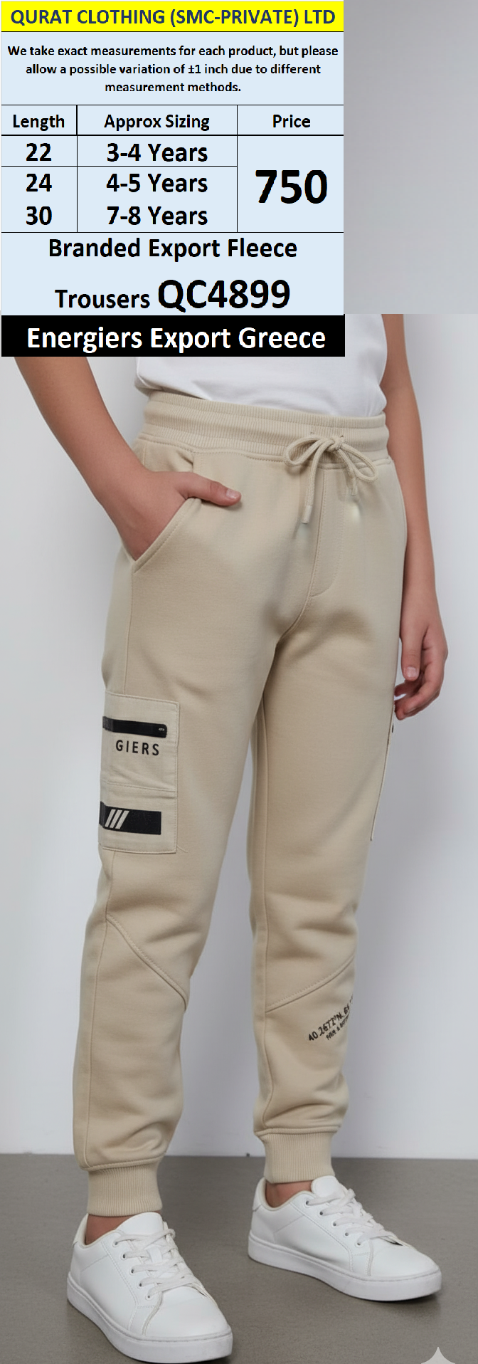 Energiers Brand Beige Fleece Jogger Trousers with Cargo Pocket & “FOR A BETTER FUTURE” Print QC4899 – Export Greece