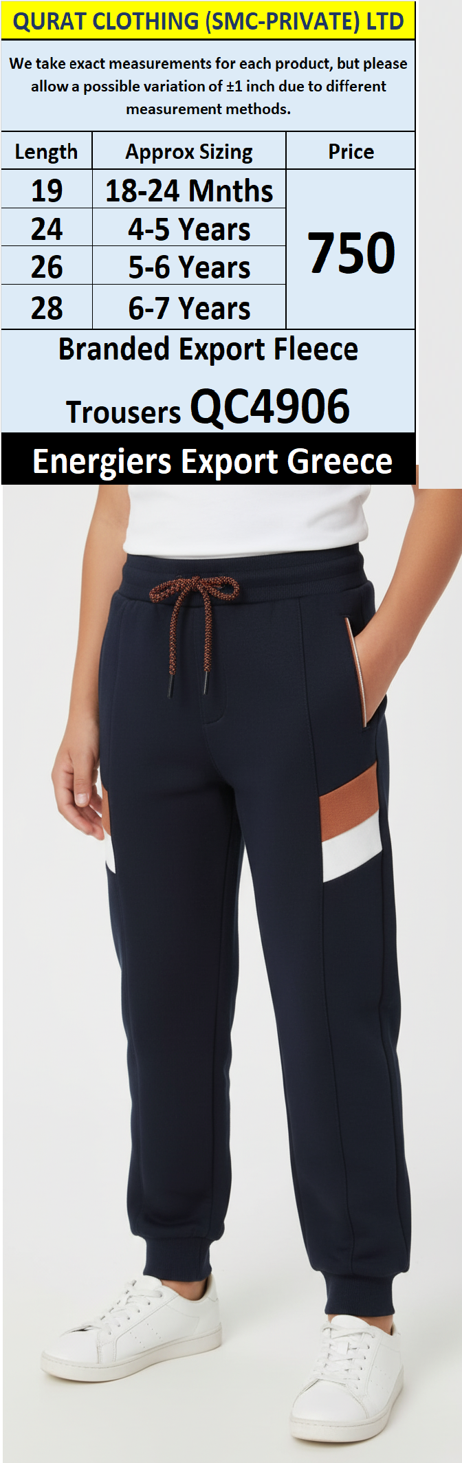 Energiers Brand Navy Blue Fleece Trousers QC4906 with Brown & White Side Stripes – Export Greece