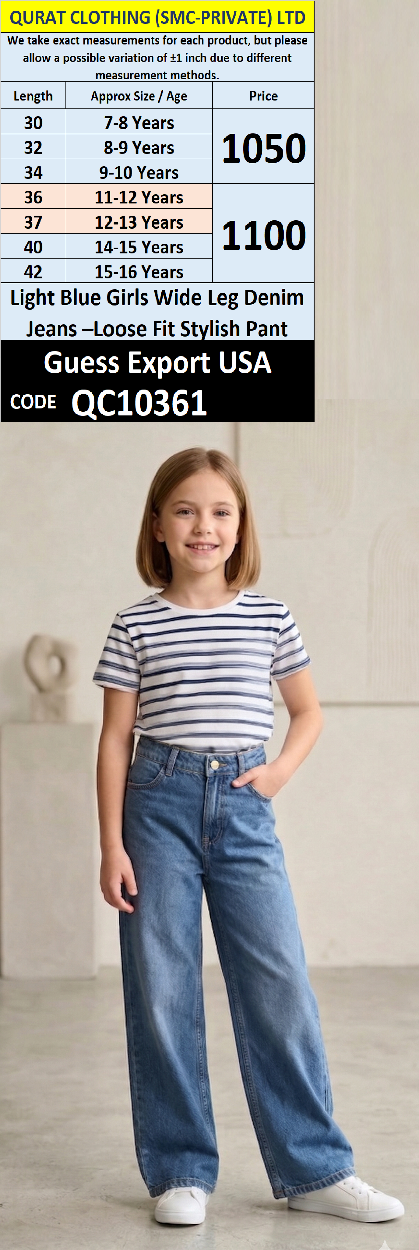 Light Blue Girls Wide Leg Denim Jeans – Loose Fit Stylish Pant Guess Export USA QC10361