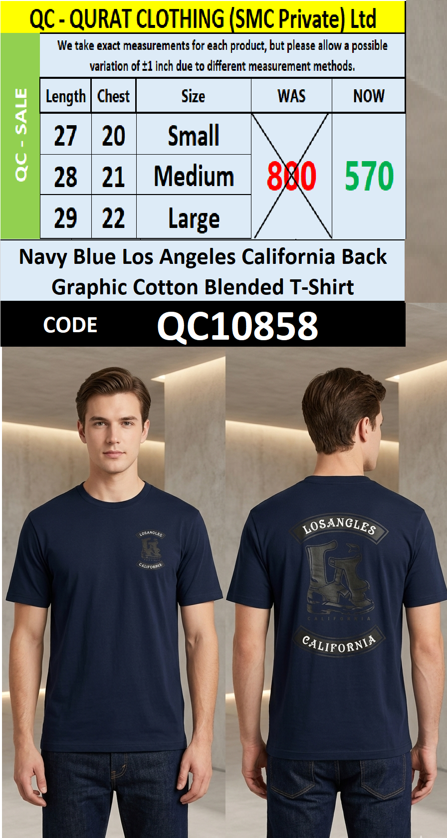 Navy Blue Los Angeles California Back Graphic Cotton Blended T-Shirt – QC10858
