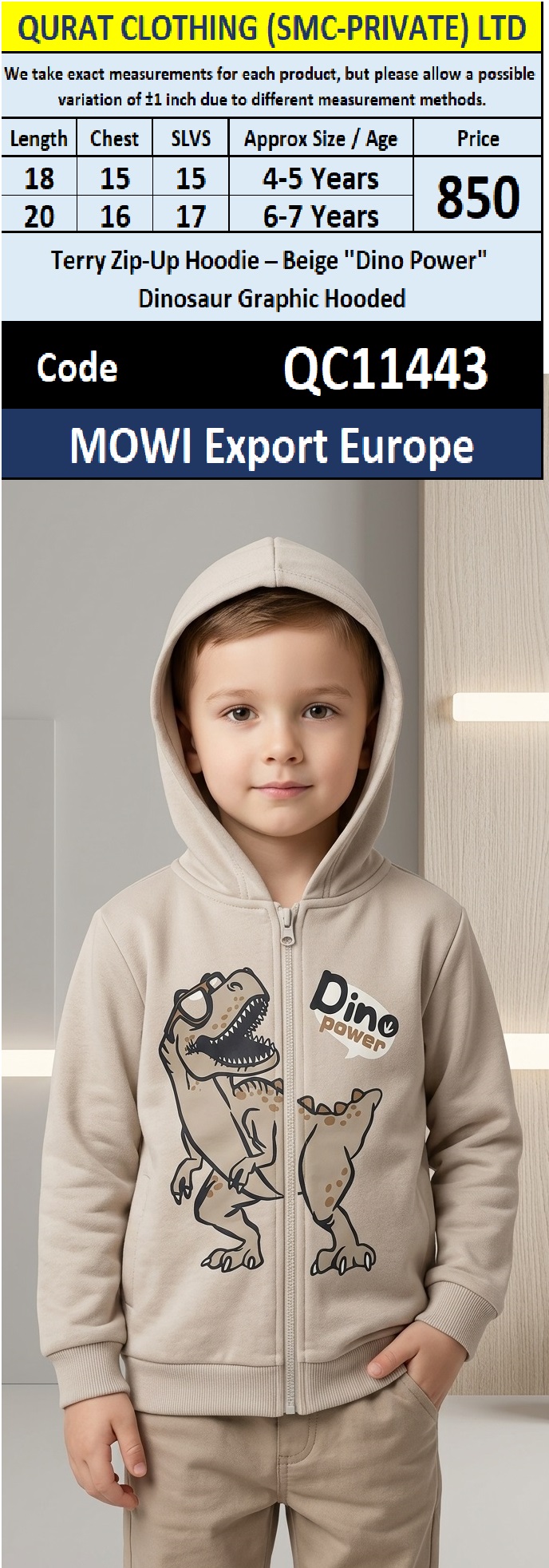 MOWI Export Europe Beige Terry Zip-Up Hoodie – “Dino Power” Dinosaur Graphic – QC11443