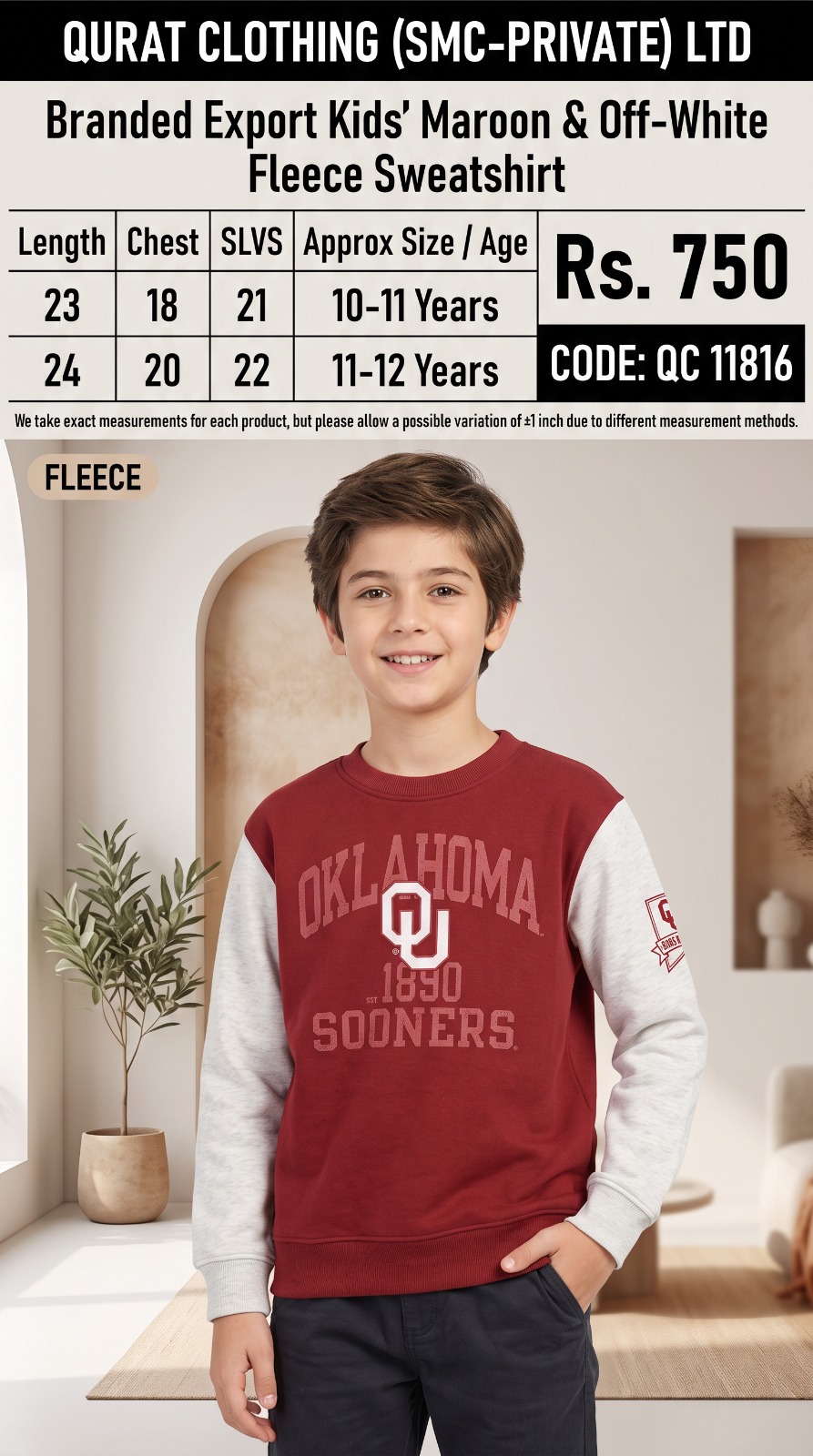 Branded Export Kids’ Maroon And Off-White Fleece Sweatshirt with Oklahoma OU 1890 Sooners front print — QC11816