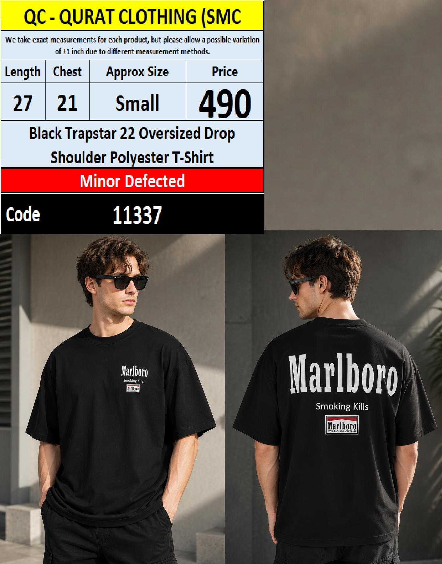Black Marlboro Back Print Oversized Drop Shoulder Polyester T-Shirt – QC11337