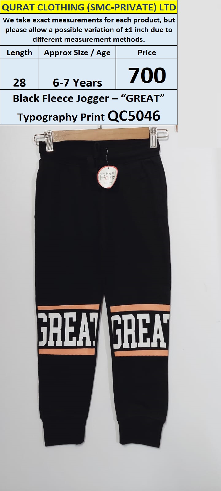 Black Fleece Trouser with “GREAT” Typography Print QC5046