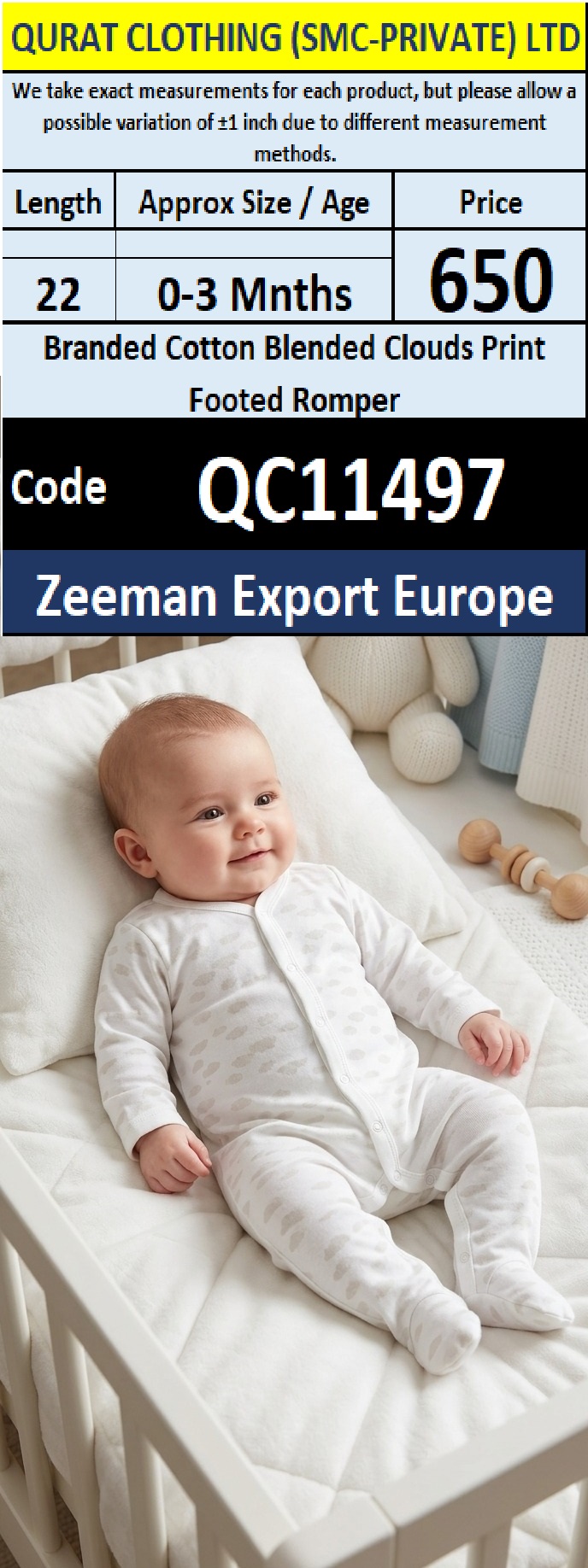 Zeeman Export Europe Branded Cotton Blended White & Light Grey Clouds Print Footed Baby Romper – QC11497