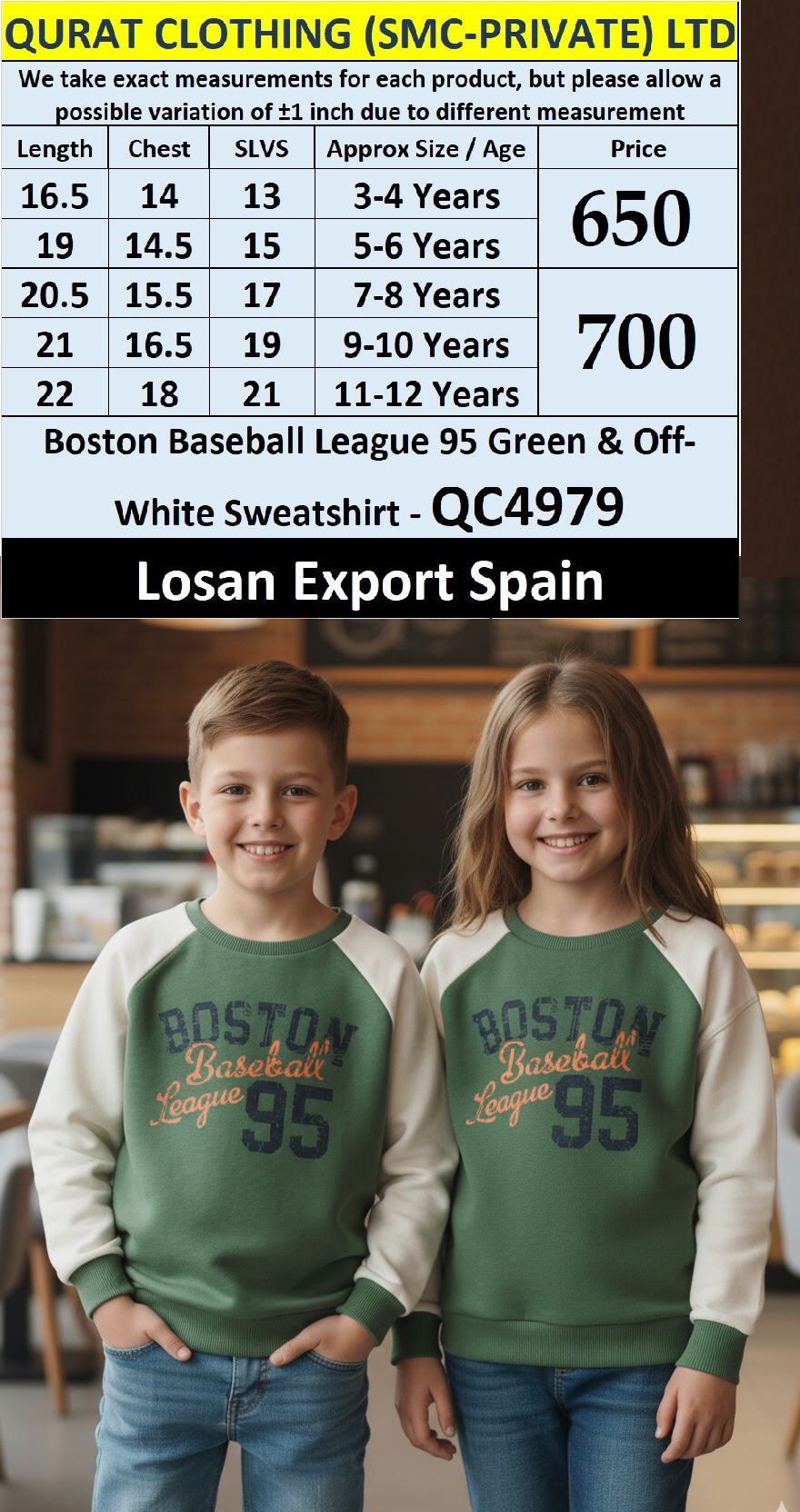 Losan “Boston Baseball League 95” Green & Off-White Fleece Sweatshirt QC4979 – Export Spain
