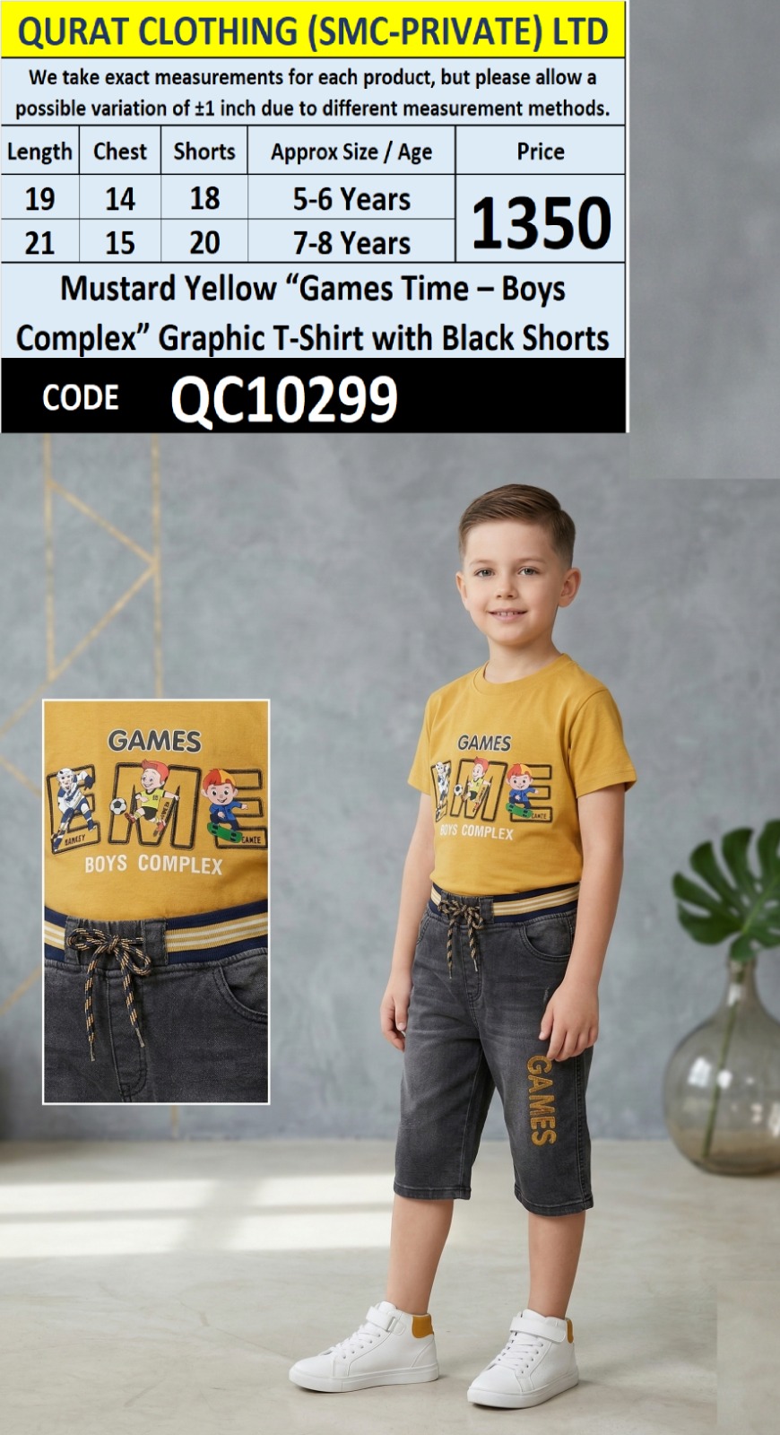 Mustard Yellow “Games Time – Boys Complex” Graphic T-Shirt with Black Shorts – QC10299