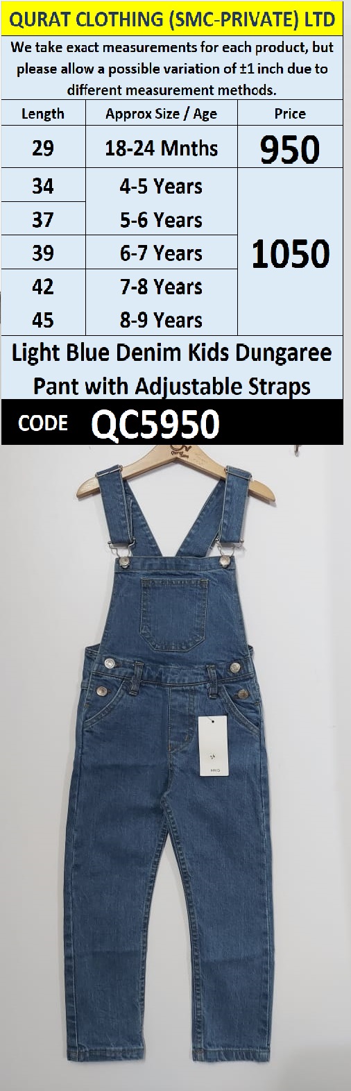 Light Blue Denim Kids Dungaree Pant with Adjustable Straps QC5950