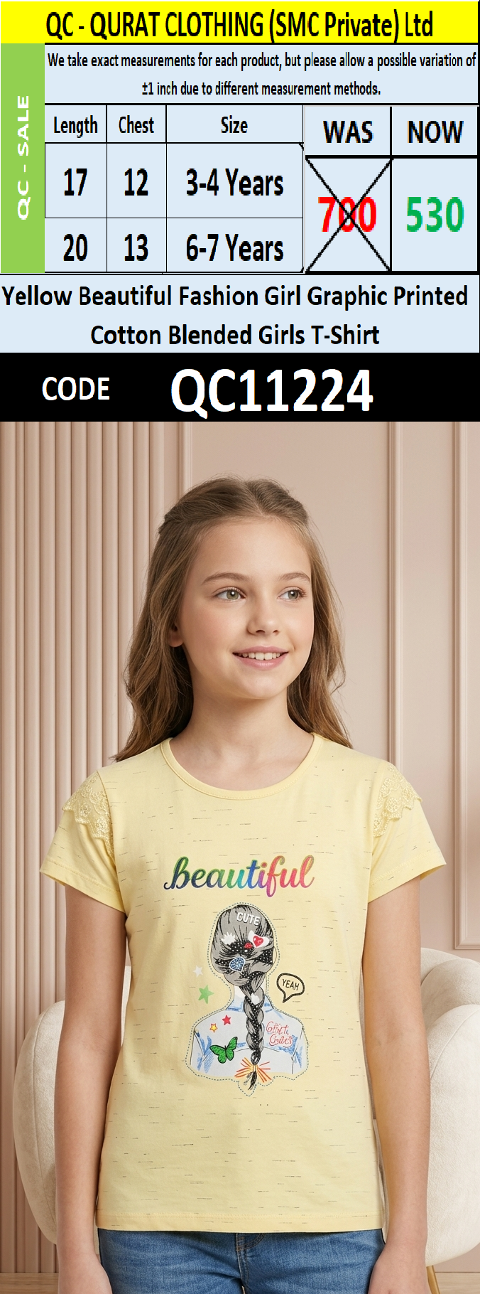 Yellow Beautiful Fashion Girl Graphic Printed Cotton Blended Girls T-Shirt QC11224