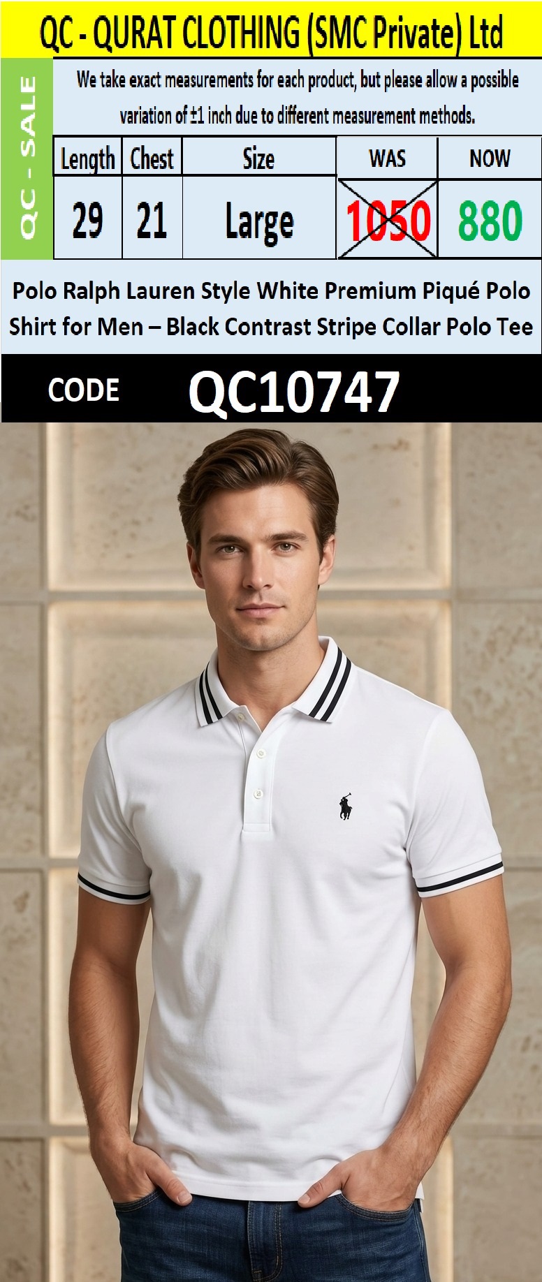 Polo Ralph Lauren Style White Premium Piqué Polo Shirt for Men – Black Contrast Stripe Collar Polo Tee QC10747