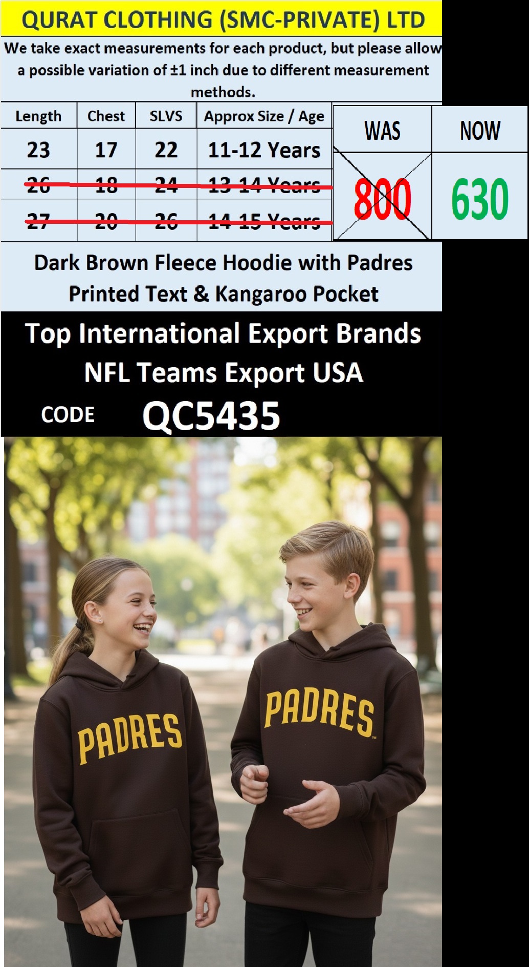Dark Brown Fleece Hoodie Padres Printed Text with Kangaroo Pocket – Export USA – QC5435