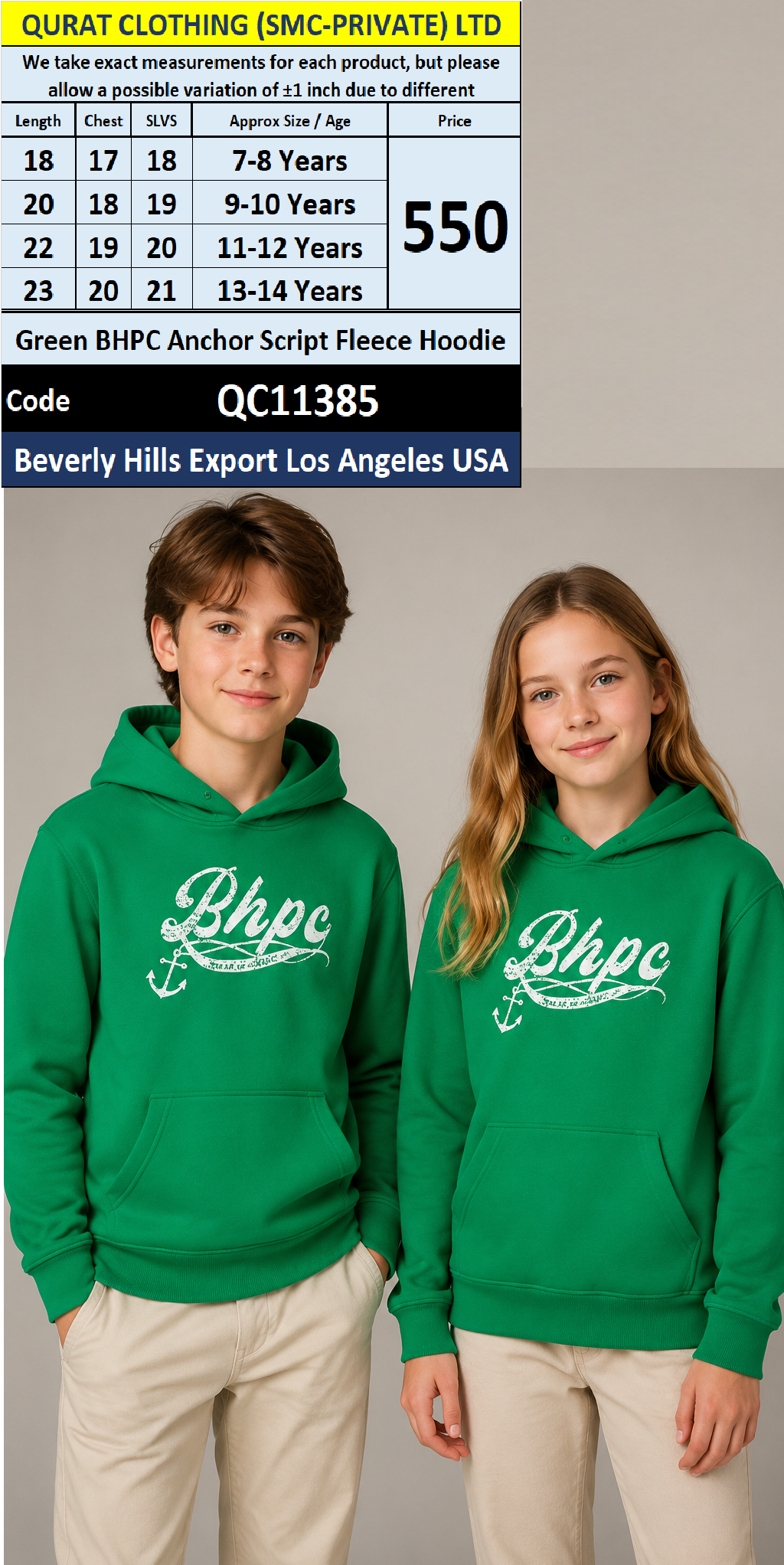 Green BHPC Anchor Script Fleece Hoodie – Beverly Hills Export Los Angeles USA – QC11385